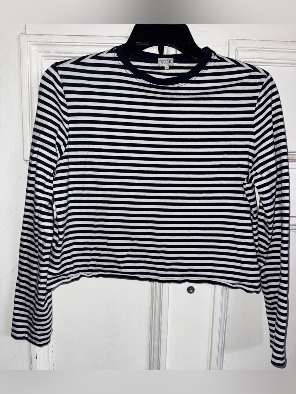 KULE Black and White Striped Long Sleeve Crewneck Top